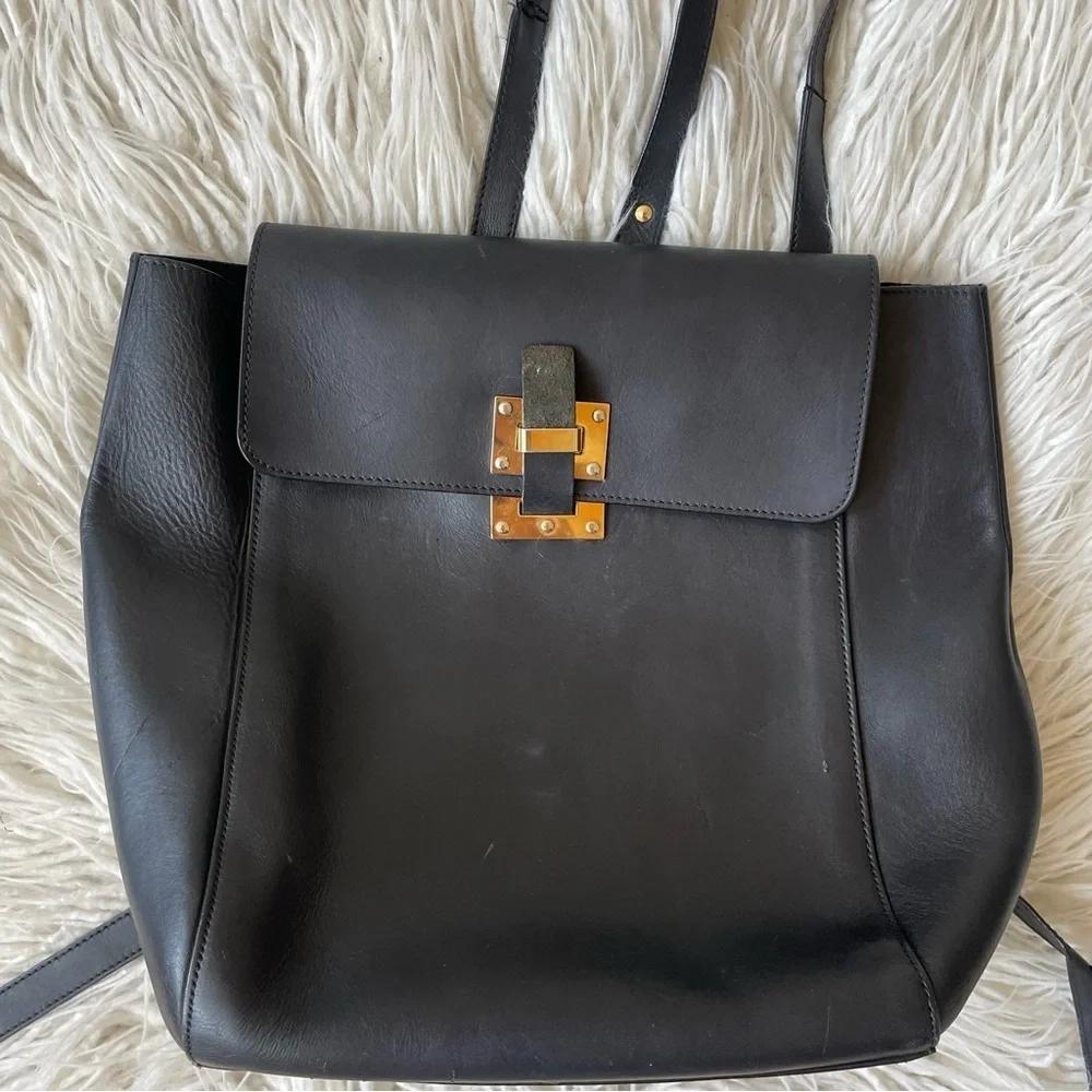 Sophie Hulme Black Leather Single Soft Flap Gold Tone Hardware Backpack